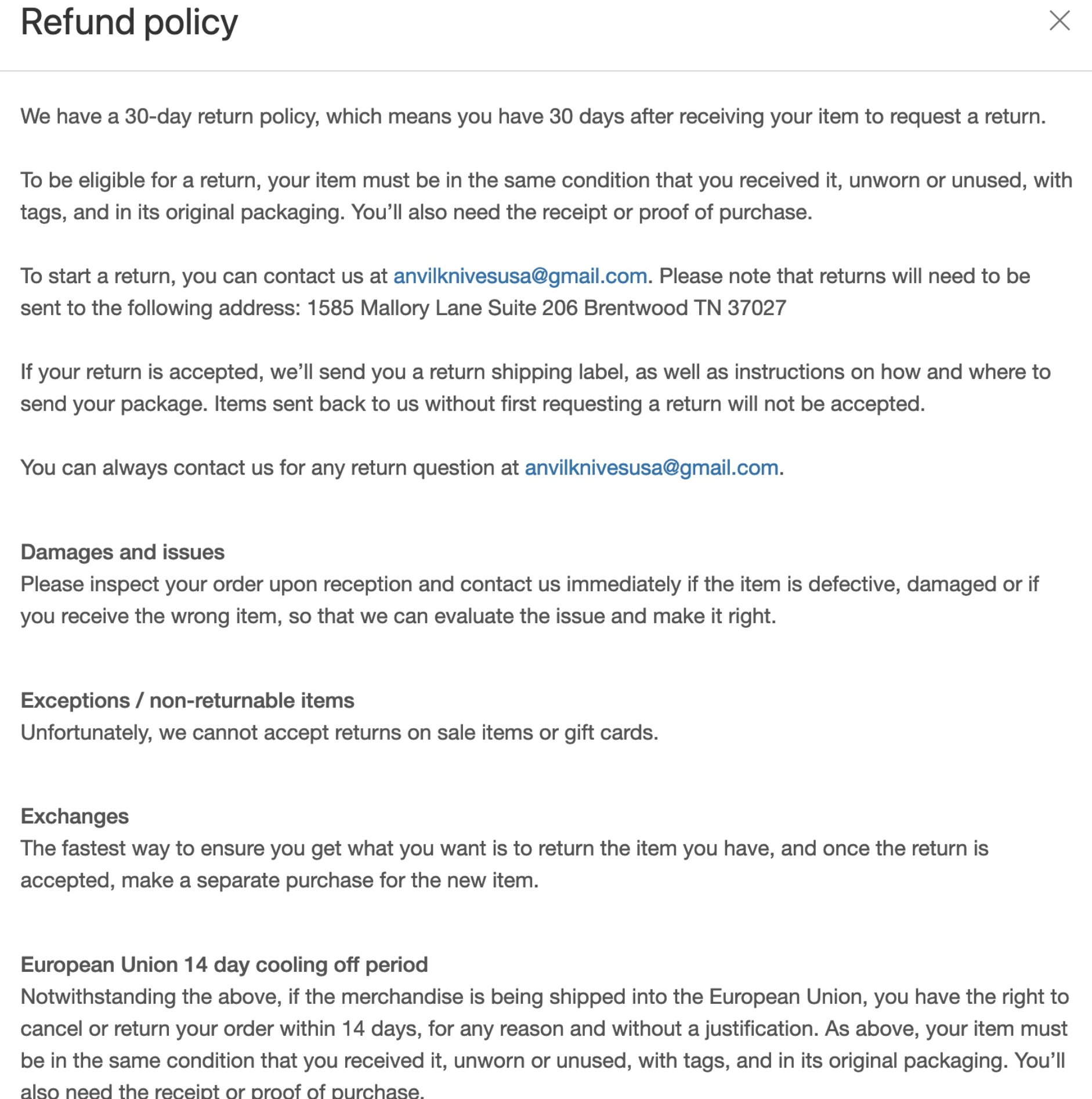 Screenshot of Anvil Knives USA published refund policy showing 30-day return window from anvilknivesusa.com